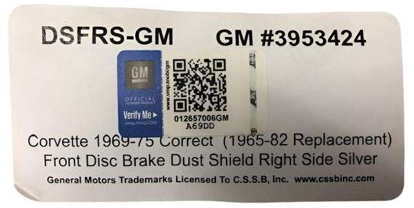 1969-75 Corvette Right Front GM Backing Plate Rotor Dust Shield, Silver